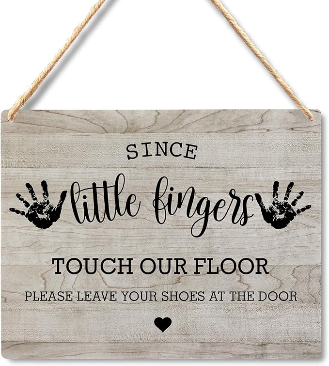 Wall Pediments Shoes Off Sign,Shoes Off Sign for Front Door,Since Little Fingers Touch Our Floor Door Sign,Shoes Off Hanging Welcome Sign for Front Door,6x12 Inches，Wood Grain-6