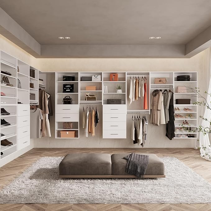 ROOMTEC Modular Closet System, 70" Wall-Mounted Closet Organizer with Hanging Rods, Wooden Tower for Walk-In Closets, Wardrobe Storage Kit, White