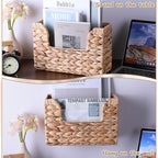 WLLHYF Woven Hanging Magazine Holder Water Hyacinth Storage Basket Wall Mounted Wicker Organizer Boho Modern Farmhouse Book Rack with Handle File Newspaper Mail Holder for Home Office