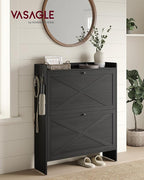 VASAGLE Shoe Storage Cabinet Organizer with 2 Flip Drawers, Freestanding Narrow Shoe Rack Cabinet for Entryway, Farmhouse Style, Fits 14 to 16 Pairs, Smoky Black UHSC203BJ01S