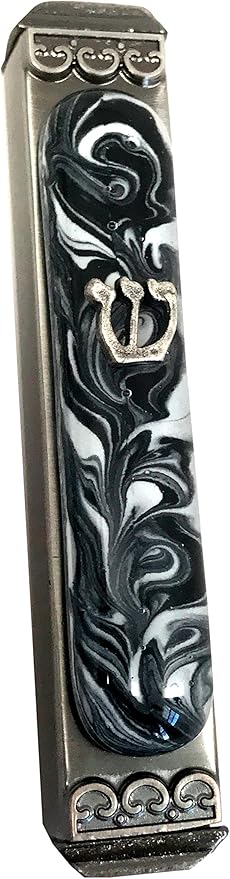 Mezuzah, Easy Mount, Art Glass on Metal Case *Gift Box and Non-Kosher Scroll Included* (Marbled Black White)