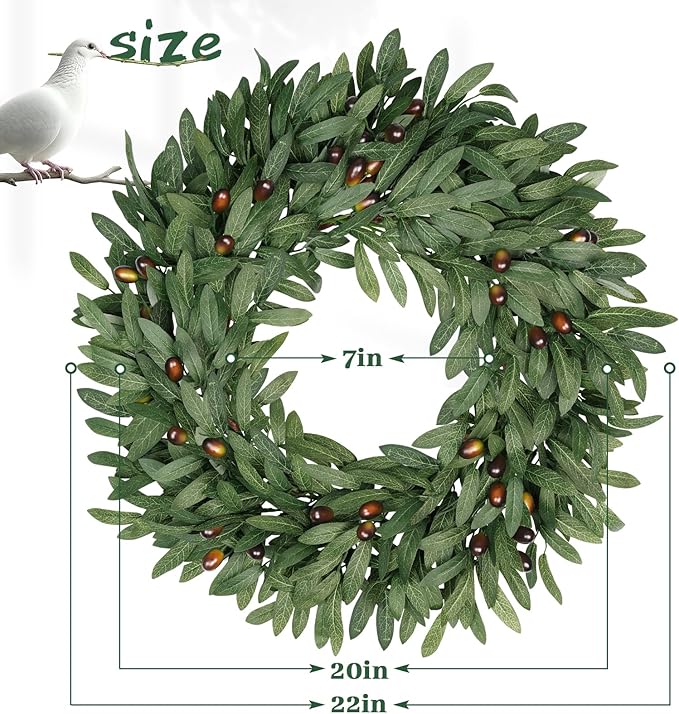 Olive Eucalyptus Wreaths for Front Door 22 Inch, Artificial Waterproof Green Olive Branch Wreath with Berry for Home Outdoor Indoor Farmhouse Window Spring Summer All Seasons