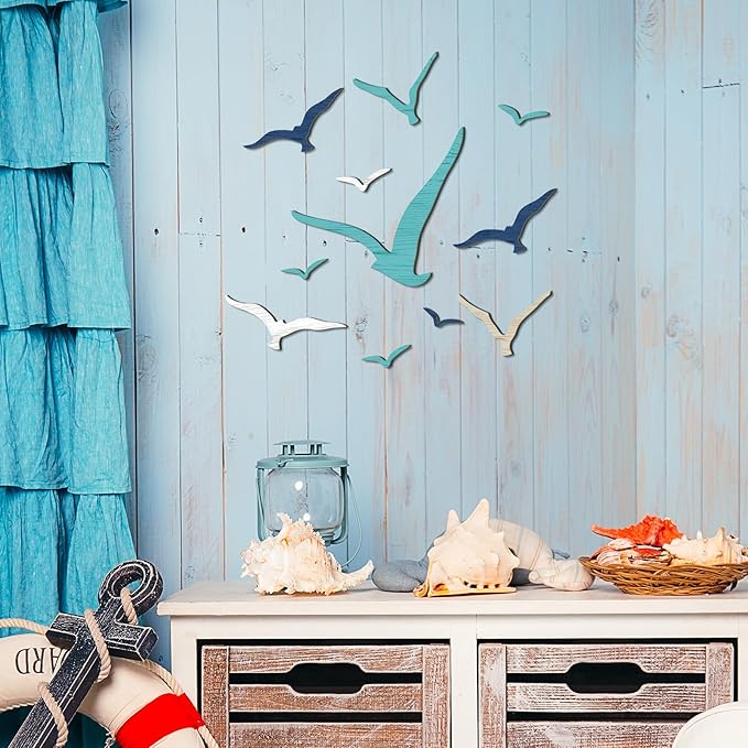 Wesiti 11 Pcs Wooden Seagull Wall Decor Nautical Theme Beach Coastal Art Small Seagull Sea Birds Wall Decor Ocean Adhesive Sculpture Vintage Ornaments for Home Bathroom(Brown Blue White)