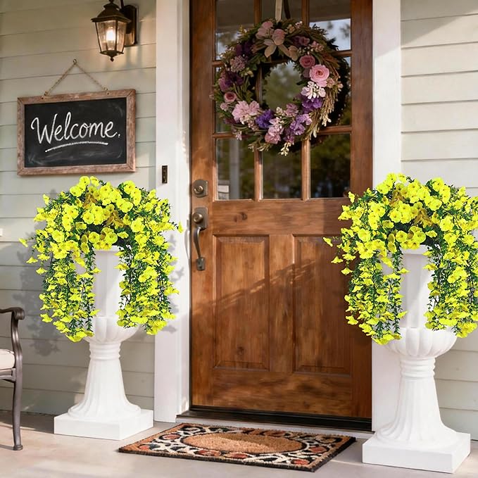 Artificial Hanging Flowers for Outdoors, 2 PCS UV Resistant Faux Silk 150 Morning Glory Each Trailing Vines, Fake Plants for Spring Outdoor Garden Planter Porch Patio Decoration, Yellow