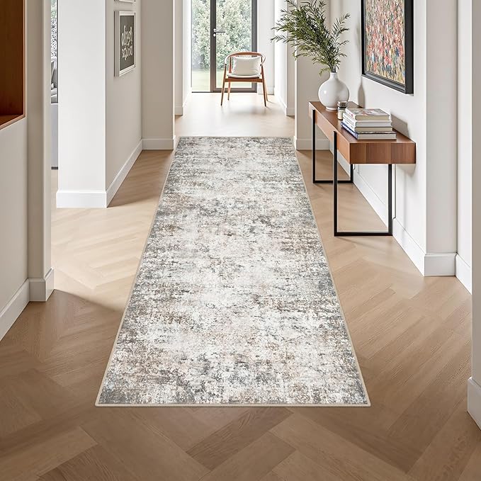 Washable Area Rug 3x8 Entryway Rug: Washable Modern Abstract Soft Thin Rug Indoor Floor No Slip Stain Resistant Carpet for Bedroom Dining Room Farmhouse Nursery Home Office - Brown Grey
