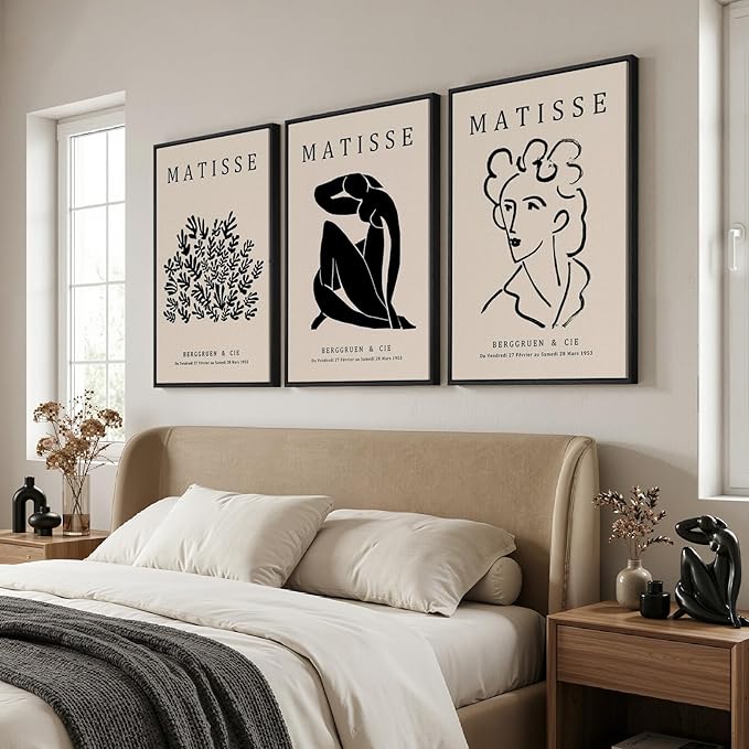 Framed Matisse Canvas Wall Art for Living Room, Set of 3 Abstract Black and White Minimalist Botanical Prints for Walls, Modern Aesthetic Pictures for Bedroom, Dining Room, Hallway and Office, Total Size 30x60