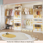 Closet System, 5.7-10.4FT Closet Organizer System with 6 Wood Drawers & LED Glasstop, Wood Walk-in Closet with 10 Hanging Rods & Trouser Rack, Built-in Wardrobe Garment Rack with Shelves & Tower,White