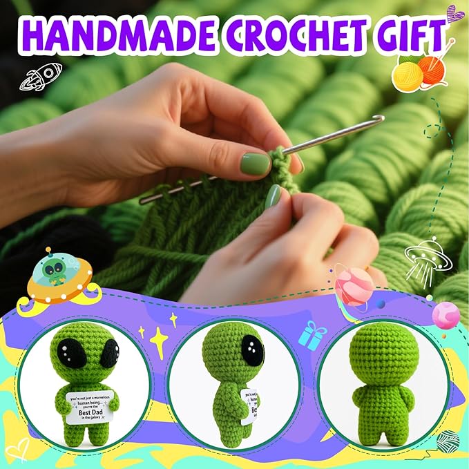 MAMAGIFTREE Fathers Day Funny Gift for Dad from Daughter Son with Message Card - Unique Dads Birthday Gifts for Husband from Wife Kids - Father’s Day Crochet Alien Handmade Decoration