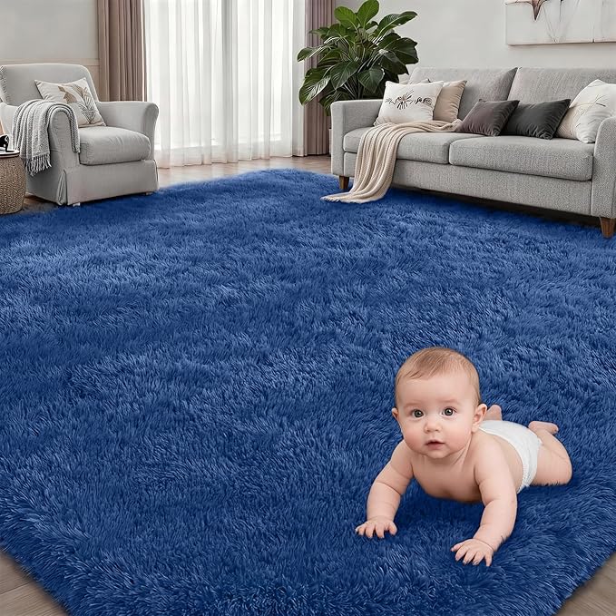 Fluffy 4x6 Area Rugs for Living Room Bedroom: Ultra Soft Shag Rug Non-Slip Non-Shedding Small Plush Bedside Rug Indoor Floor Carpets for Kids Room Playroom Entryway Nursery Dorms Home Decor Blue