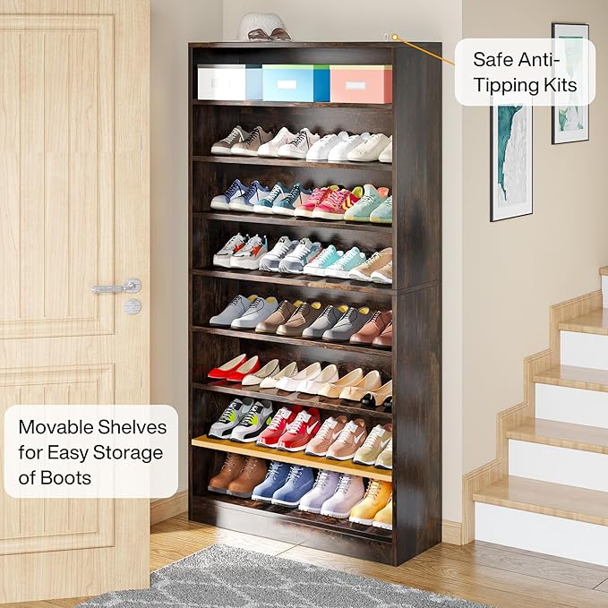 Tribesigns Tall Shoe Cabinet, 9 Tiers 40-45 Pairs Heavy Duty Wood Freestanding Shoe Storage Cabinet, 70.8'' Tall Shoe Cabinet with Open Storage for Entryway (1, Rustic Brown)