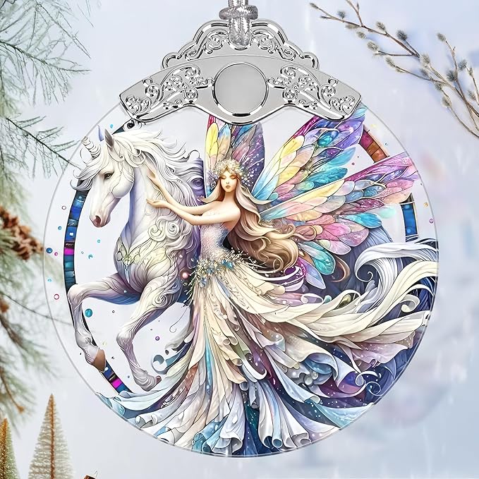 Unicorn and Fairy Stained Glass Orament - Christmas Ornament - Christmas Decorations for Tree - Holiday Present ldeas - Gift Exchange