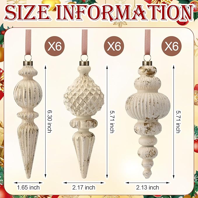 Yunlly 18 Pcs Neutral Christmas Ornaments Textured Christmas Tree Decor with Hanging Loop Modern Brown Hanging Ornaments Finial Shatterproof Decor for Xmas Vintage Rustic Farmhouse (Retro White)