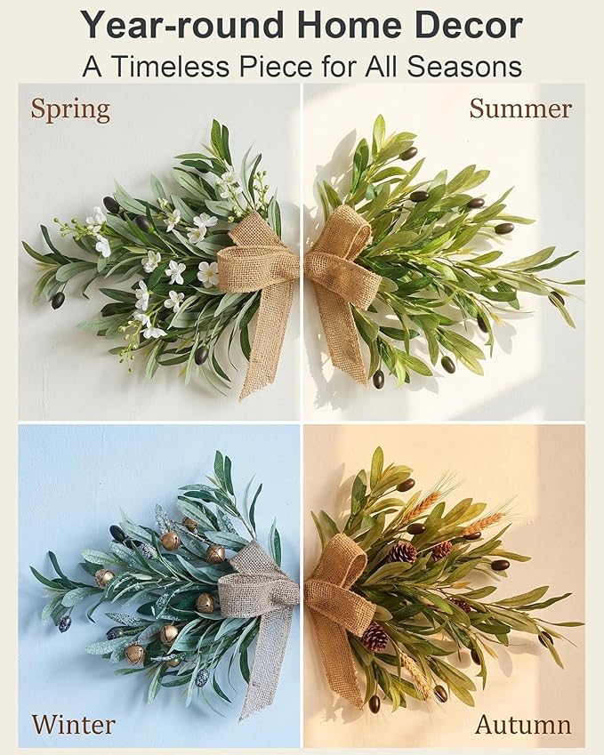 24" Handmade Artificial Olive Swag (2PC), Realistic Greenery Swag with Natural Burlap Bow, Easy to Hang Symmetrical Olive Branch Wreath for Front Door, Wedding Arch, Mantle & Farmhouse