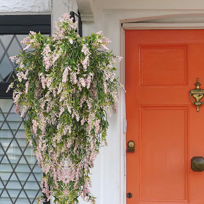 2 Pcs Artificial Lavender Teardrop Rattan, Spring Summer Front Door Hanging Floral Swags for Wall Basket Filler, Garden Home Easter Decoration-28.7in(Pink)