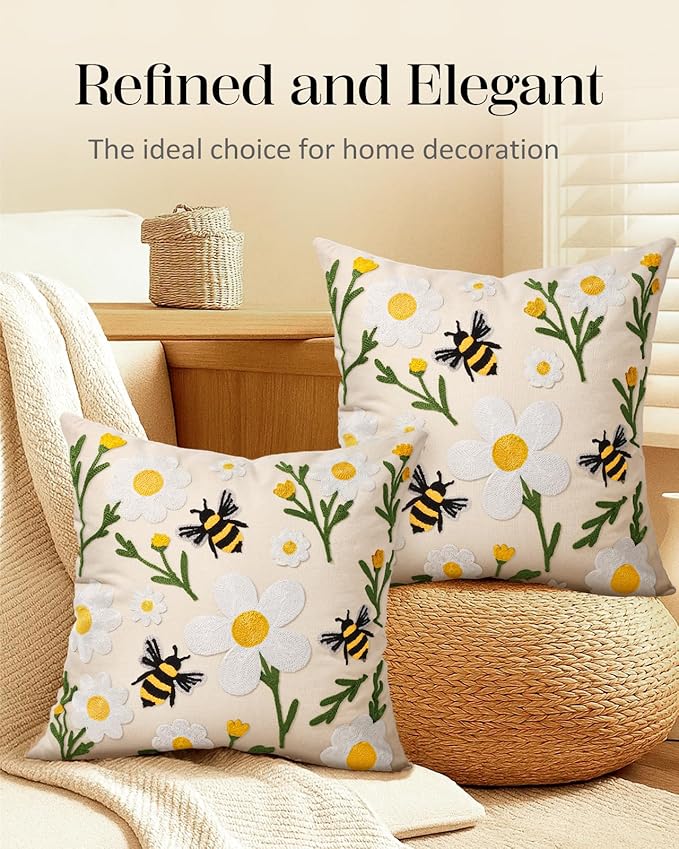 Embroidered Throw Pillow Covers 18x18 Inch - Set of 2 Summer Spring Boho Decorative Pillow Covers with Zipper for Living Room Couch Sofa Bed Aesthetic Design Flower Bee Cushion Pillowcases