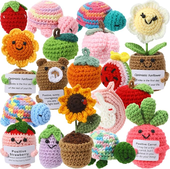 VioraWhite 18 Pcs Christmas Positive Fruit Crochet Animal Dolls with Cheer Cards Stocking Fillers Emotional Crochet Potato Support Handmade Knitted Toy Bulk for Employee Appreciation Gifts