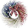 22 Inch Large Patriotic Wreath with Flag Bow, Red White Blue Forsythia Flowers & White Stars, Memorial Day 4th of July Front Door Decor