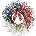 22 Inch Large Patriotic Wreath with Flag Bow, Red White Blue Forsythia Flowers & White Stars, Memorial Day 4th of July Front Door Decor
