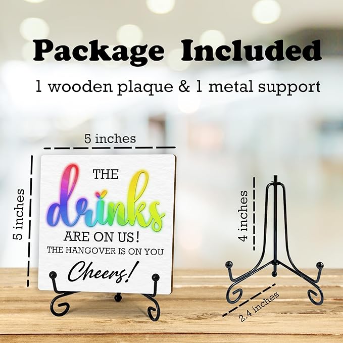 Wedding Bar Sign With Stand, 5" Table Desk Decorations - The Drinks Is On Us The Hangover Is On You! Cheers - Funny Decor For Wedding Celebration Engagement Party Table Accessories - E04