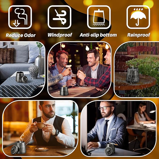 Ashtray for Cigarettes Outdoor, Outdoor Ashtray with Lid for Cigarette, Metal Odorless Windproof Smokeless Ash Tray for Patio Home Office Tabletop Balcony