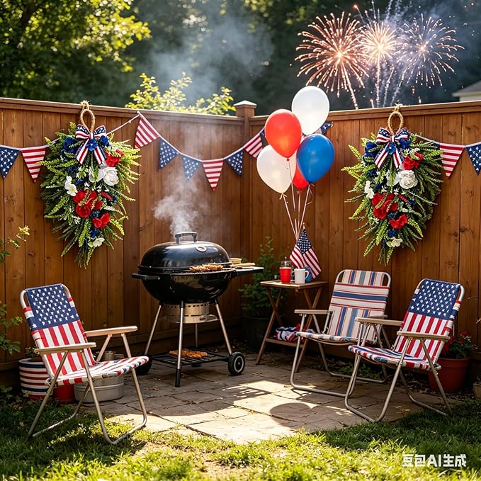 2 Pack 21'' Patriotic Teardrop Swag Wreaths Artificial 4th of July Red White Blue Floral Swag with Fern Leaves Peonies Roses for Independence Day Memorial Day Front Door Porch Cabinet Window Wall