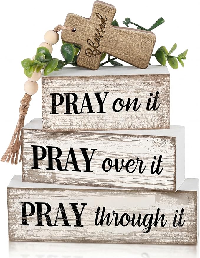 Moucuny 4 Pcs Christian Table Decor Wooden Cross Wooden Bible Verse Sign Inspirational Religious Christian Centerpiece Pray Block Signs Farmhouse Table Decoration for Mother's Day