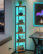 Hzuaneri Corner Shelf with LED Light, 6-Tier Corner Bookshelf, Tall Narrow Display Bookcase with Metal Frame, Standing Shelf for Small Space, Living Room, Home Office, Bedroom, Rustic Brown CS66601B