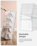 SONGMICS Shoe Boxes, Pack of 12 Shoe Storage Organizers, Stackable Clear Plastic Boxes for Closet, Sneakers, 13.7 x 9.9 x 7.4 Inches, Transparent and White ULSP12MWT