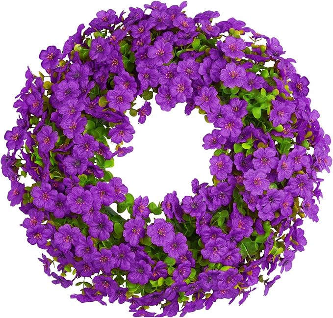 20 Inch Spring Summer Floral Wreath, Violet Artificial Silk Flowers with Green Eucalyptus Leaves, Farmhouse Faux Greenery Wreath for Front Door Outdoor Wall Wedding Home Decor