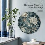 Wall Picture, with Flowers Printed Circular Iron Hanging Picture,Wall Art Decor,Home for Bedroom Living Room Bathroom Decor,Iron Painting 11.8X11.8 in