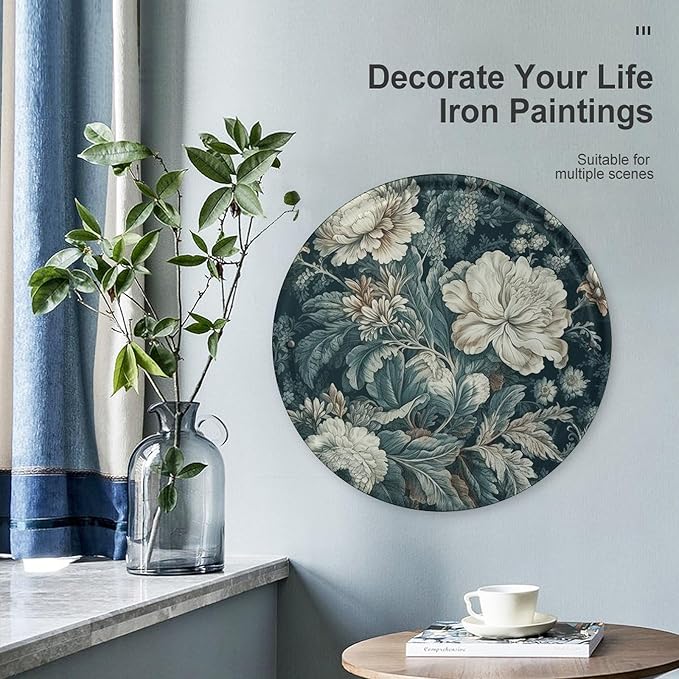 Wall Picture, with Flowers Printed Circular Iron Hanging Picture,Wall Art Decor,Home for Bedroom Living Room Bathroom Decor,Iron Painting 11.8X11.8 in