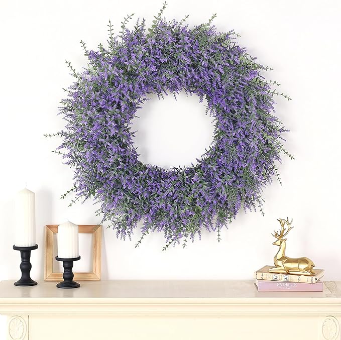 32" Lavender & Eucalyptus Wreath for Front Door, Porch, Window - Large Artificial Greenery Outdoor Wreath for Home, Farmhouse Decor - Spring, Summer, Fall, All Seasons (Purple)