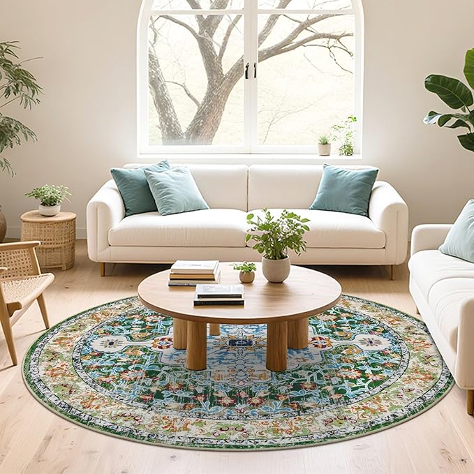 U'Artlines Boho Vintage Round Area Rug 6ft Machine Washable Low Pile Soft Floor Carpet Non Slip Non Shedding Accent Rug for Living Room Bedroom Entryway Dining Room Office Green