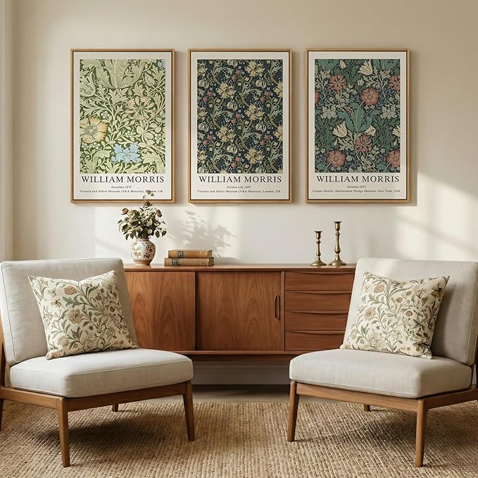Large Framed William Morris Green Wall Art Set of 3, Vintage Floral Canvas Picture Paintings for Walls, Rustic Botanical Floral Artwork Prints for Living Room, Bedroom, Dining Room, Hallway, Office Wall Decor, Total Size 30x60 In