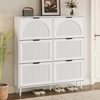 Shoe Cabinet for Entryway with 6 Flip Drawers, Slim Wooden Shoe Storage Organizer with Modern Fluted Pannel，Freestanding Narrow Hidden Shoe Rack for Hallway, Foyer, Living Room