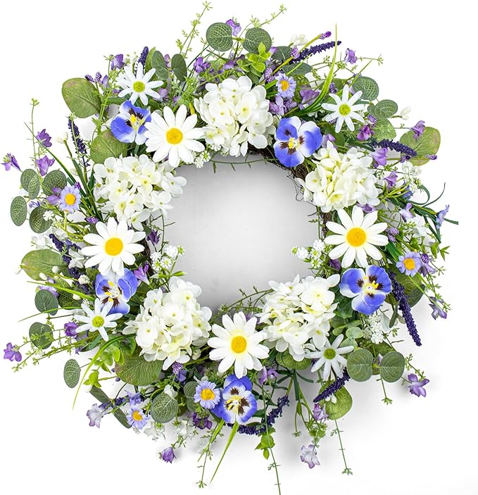22 Inches Summer Wreaths for Front Door Spring Flower Wreath Farmhouse Spring Floral Wreaths Country Summer Door Wreath with Phalaenopsis Orchid Hydrangea Sunflower for Window Wall Porch Decoration