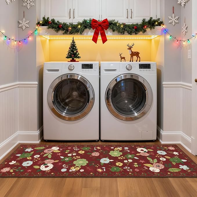 U'Artlines 2'x6' Red Christmas Runner Rug for Hallways Kitchen,Colorful Floral Soft Non Slip Washable Floor Carpet Runners for Entryway Laundry Room Bathroom (Red)