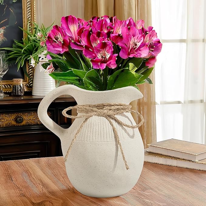 Farmhouse Ceramic Vase with Handle, Rustic Ceramic Pitcher Vases for Home Decor, Decorative Pottery Jug Flower Vase, Centerpiece for Your Kitchen/Bedroom/Office/Living Room/Shelf/Mantel