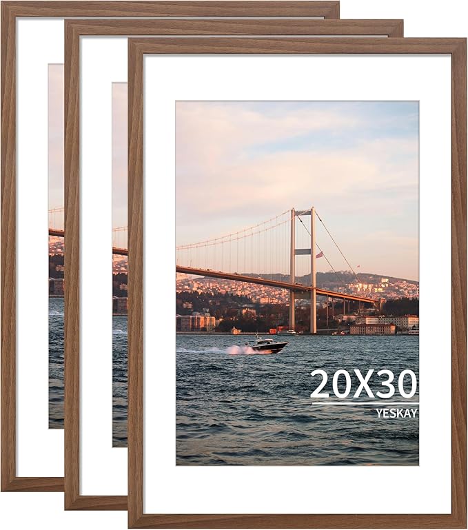 20x30 Picture Frame Brown Set of 3, Display Pictures 16x24 with Mat or 20 x 30 Without Mat, Poster Frames 20x30 for Wall Hanging Horizontal and Vertical