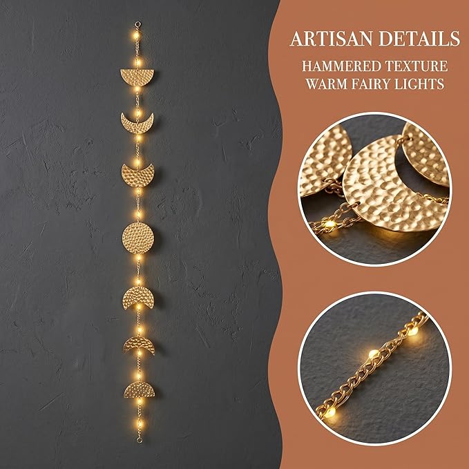 opulinea 32 Inch Hammered Gold Moon Phase Metal Wall Decor with LED String Lights, Celestial Hanging Wall Sculpture, Boho Lunar Wall Art for Bedroom, Living Room, Bathroom, Apartment