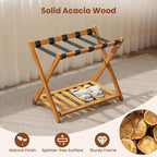 Goplus Luggage Rack for Guest Room Set of 4, Folding Suitcase Stand with Storage Shelf, Acacia Wood Frame & 5 Nylon Straps, Fully Assembled 27" Luggage Stand for Bedroom, Hotel, Holds up to 200 LBS