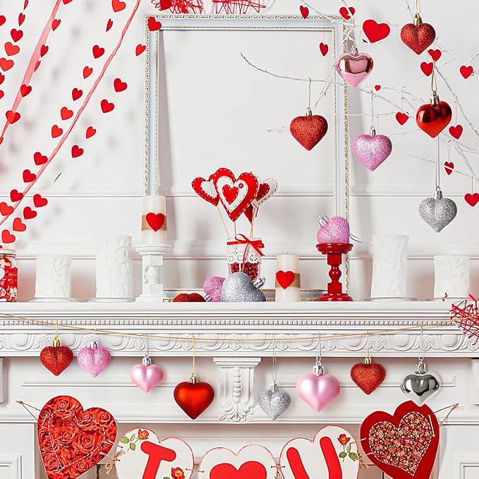 Melisheer 24pcs Valentines Day Heart Ornaments, Classic Red Pink Silver Shaped Hanging Baubles with 2 Sizes, Valentine's Decorations for Tree, Love Decor Outdoor Wedding Party Gift
