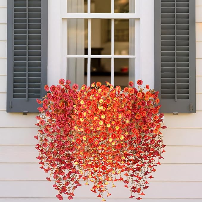 Artificial Fall Hanging Flowers for Decoration, 2pcs Long Vine Fake Mums Flowers Plants Morning Glory, Realistic Faux Petunias for Planter Patio Porch Garden Autumn Outdoors Dec, Red