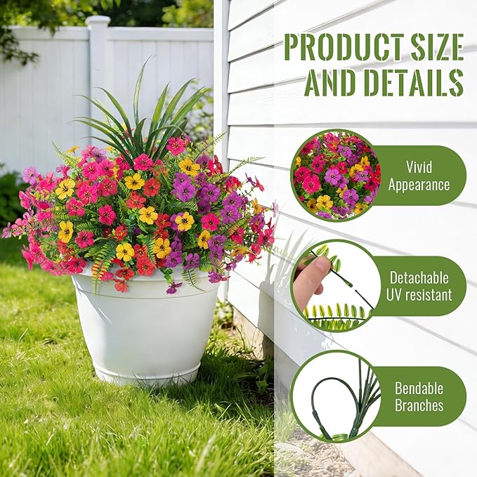 Artificial Fake Flowers Plants for Outdoor Spring Summer Decor, 12 Bundles Faux Silk Flowers for Outdoor Outside Planter Colorful Daisy UV Resistant Look Real for Front Door Porch Patio Yard
