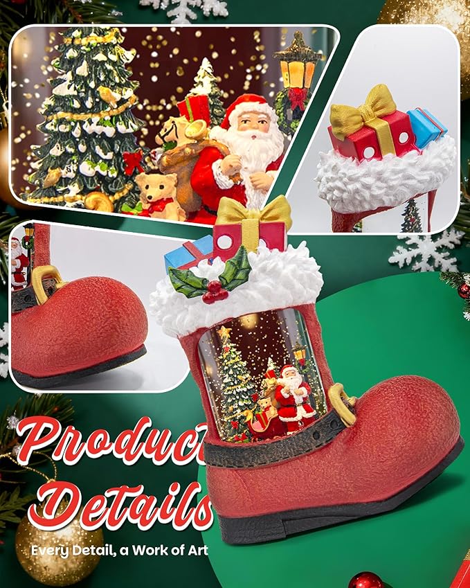 Large Christmas Snow Globes Light up Snowglobes Christmas Lantern with 8 Songs, 9.65" Red Boot Christmas Snow Globe for Kids Adults, 6H Timer & Dual Power, Lighted Christmas Decorations Indoor Gifts