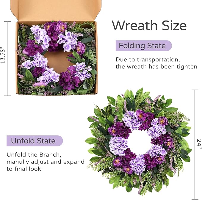 Summer Wreaths for Front Door, 24 Inch Summer Wreath Purple Floral with Hydrangea Ranunculus Flower Summer Door Wreaths for Porch Entryways Wall Window Farmhouse Party Home Seasonal Decor