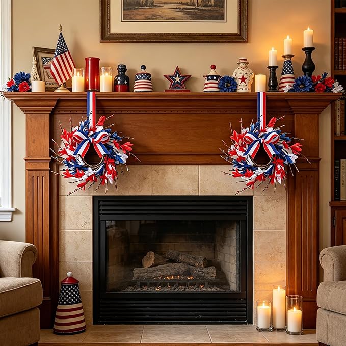 4 PCS Mini 4th of July Patriotic Kitchen Cabinet Wreaths Small Red White and Blue Floral Swag Wreath for Front Door with Forsythia Flowers Independence Day Hanging Wreaths for Memorial Day Porch Wall
