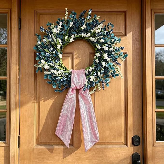 22 Inch Blue Floral Wreath for Front Door, Artificial Spring Summer Wreath with Free Pink Sash, All Seasons Eucalyptus Greenery Wreath for Indoor Outdoor Home Wall Wedding Decor