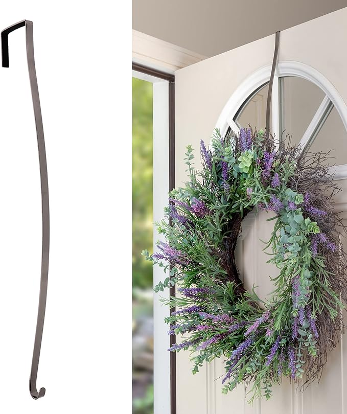 Haute Decor HighProfile Curved Wreath Hanger (Brushed Nickel) - Strong Metal Over The Door Wreath Holder Hook for Doors with Raised Features and Trim