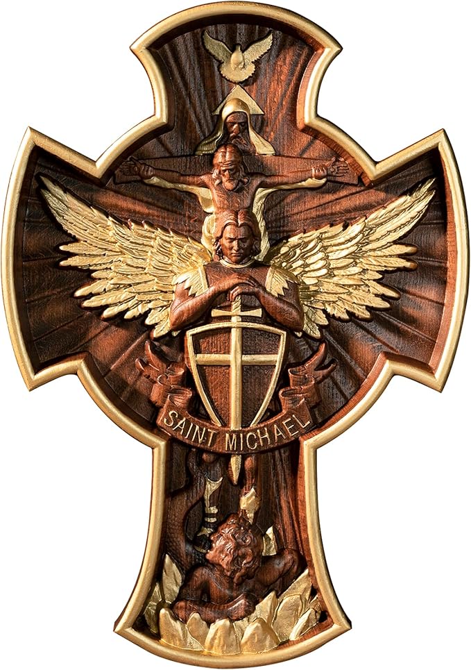BGCOPPER Saint Michael Cross Wall Decor, Wooden Holy Trinity Crucifix Wall Cross, Jesus Cross for Wall Hanging Christmas Gift (14 Inch)
